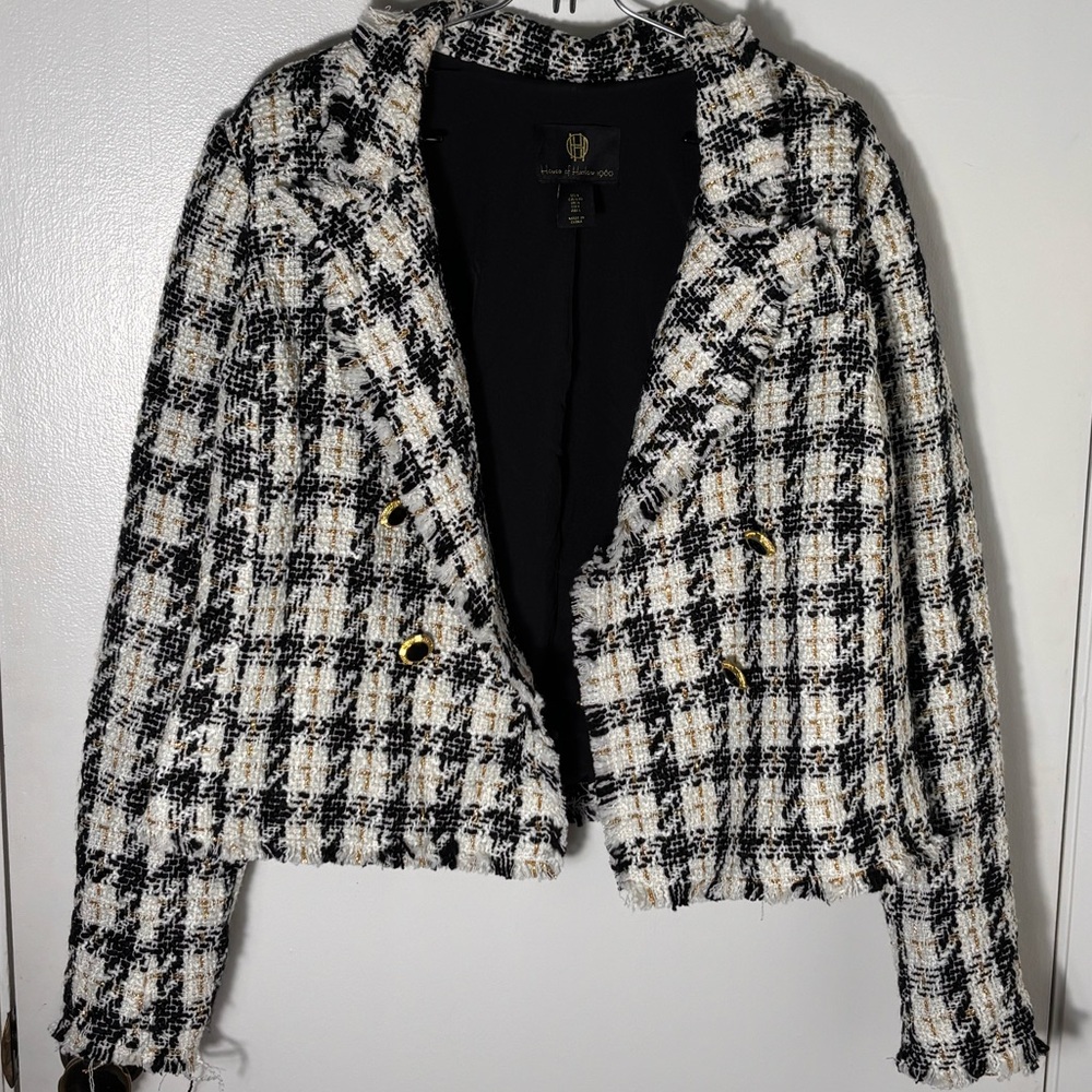 House of Harlow 1960 Black, White & Cream Tweed Cropped Blazer - Size L